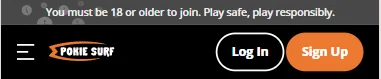 Log In and Sign Up buttons in the app header, under the 18 or older notice