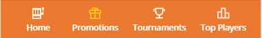 App menu row with the Home, Promotions, Tournaments and Top Players tabs