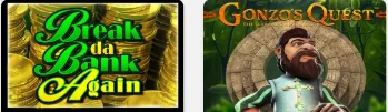 Break da Bank Again and Gonzo's Quest tiles side by side in the pokies grid