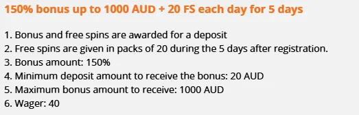 Operator's list of first bonus conditions: 150% match, 20 free spins a day for five days, 20 AUD minimum deposit, 1000 AUD maximum bonus, wagering 40